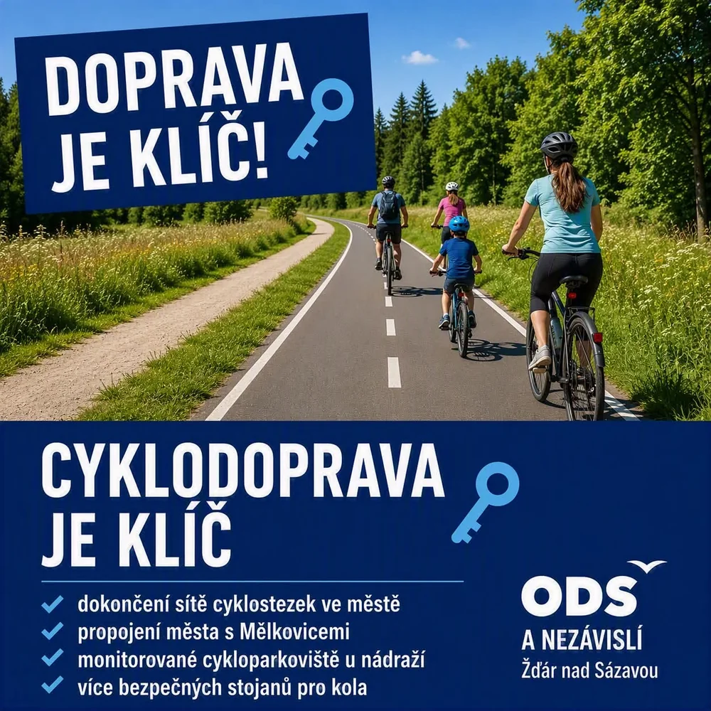 Kampaňová grafika: rodina na cyklostezce v lese, nadpis „Cyklodoprava je klíč“ se seznamem bodů programu