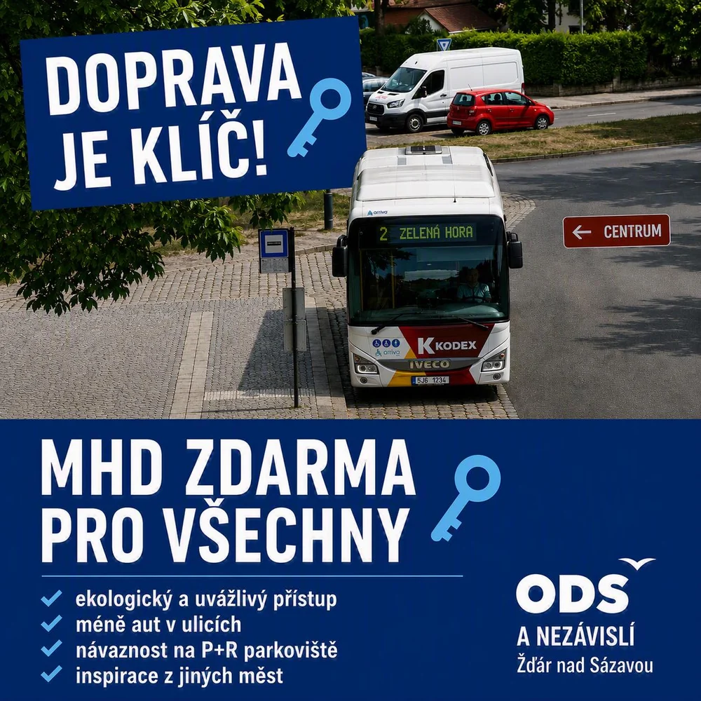 Kampaňová grafika: městský autobus ve Žďáře, nadpis „MHD zdarma pro všechny“