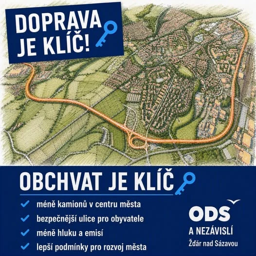 Kampaňová grafika: mapová vizualizace trasy západního obchvatu Žďáru nad Sázavou, nadpis „Obchvat je klíč“