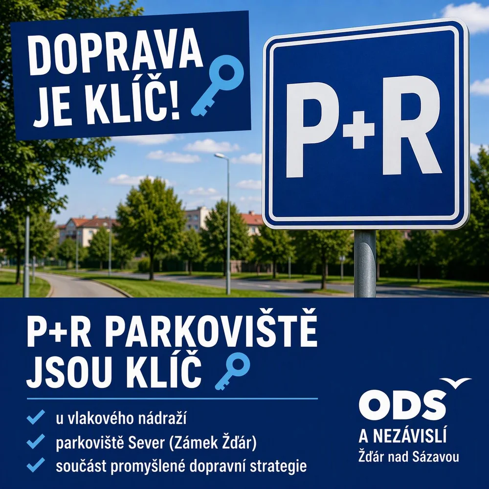 Kampaňová grafika: dopravní značka P+R, nadpis „P+R parkoviště jsou klíč“