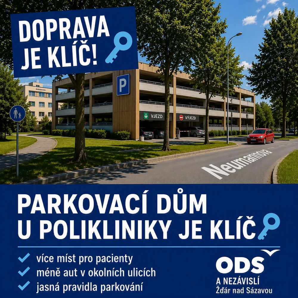 Kampaňová grafika: vizualizace parkovacího domu u polikliniky, nadpis „Parkovací dům u polikliniky je klíč“