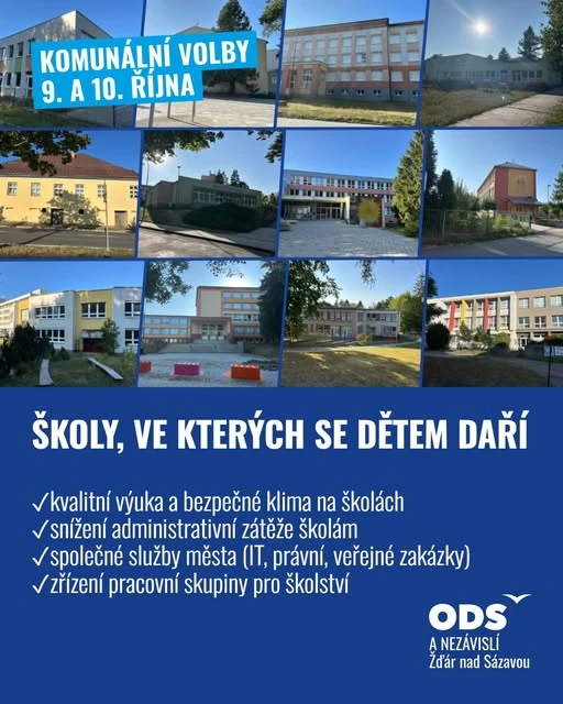 Kampaňová grafika: koláž fotografií žďárských školních budov, nadpis „Školy, ve kterých se dětem daří“